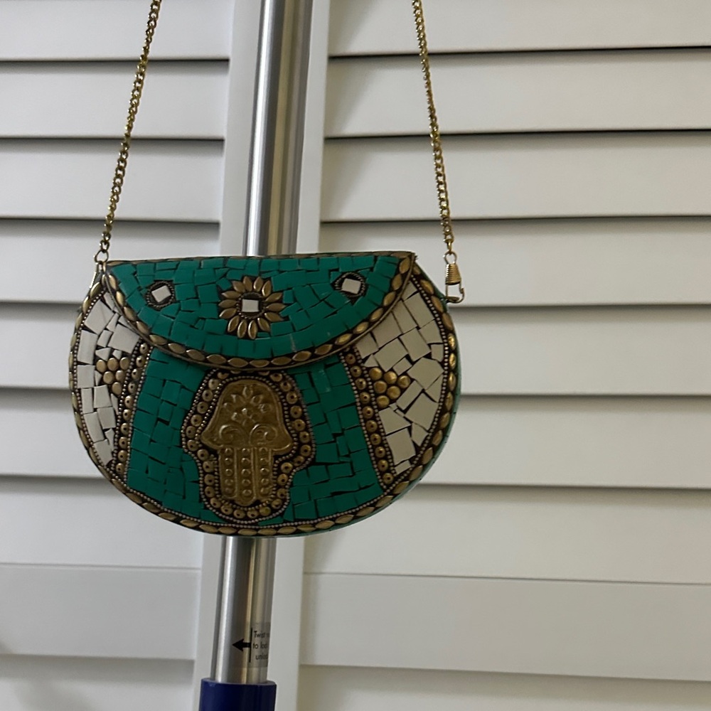 Indian Mosaic Patterned Handbag with Gold Hamsa Accents
